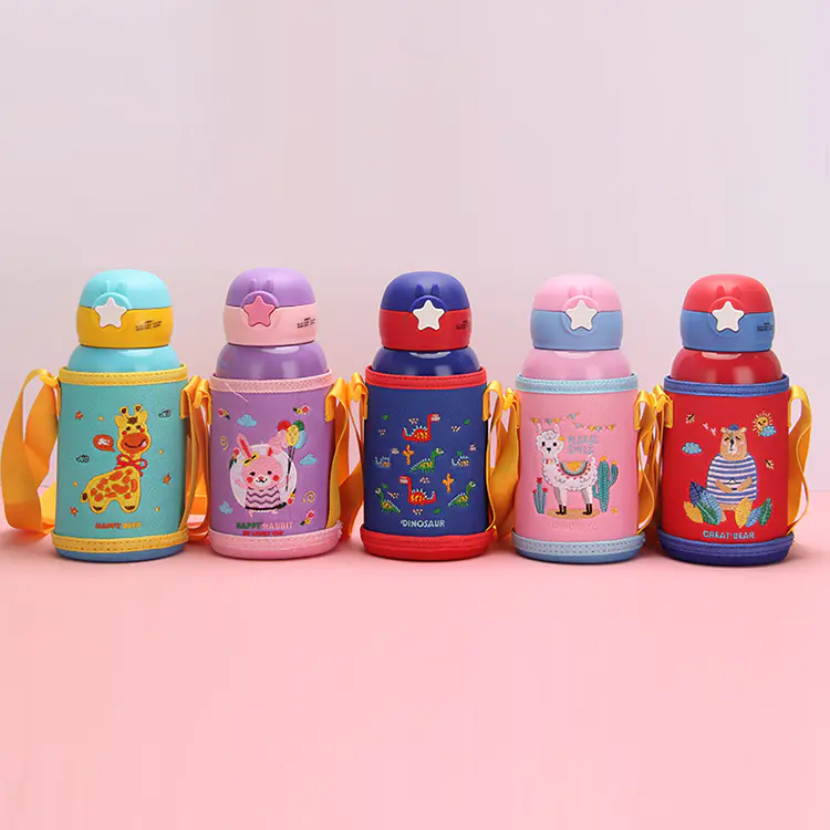 Cute Pattern Plastic Water Bottle 304+201#Stainless Steel Embroidered Cup Set