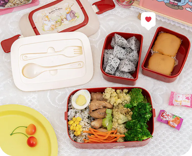 Bento lunch container full of fruits and rice