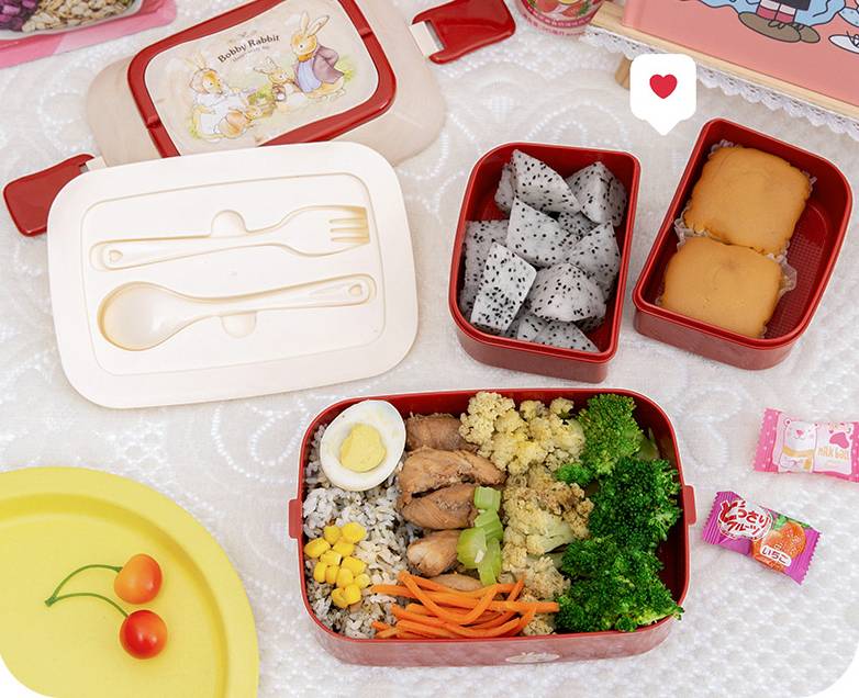 Bento lunch container full of fruits and rice