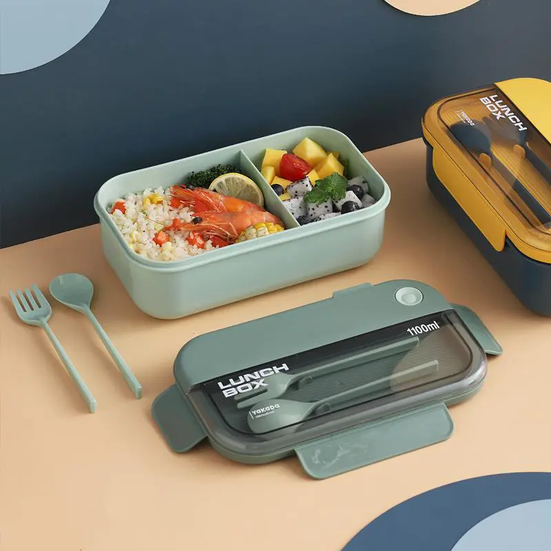Large Capacity Rectangular Lunch Box with Fashionable Color Scheme and Tableware