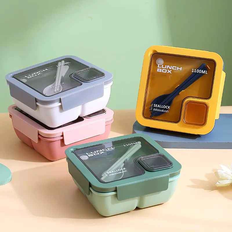 Wholesale Square Lunch Box With Spoon And Chopsticks (Lunch Box 1100ML + Sauce Box 40ML) From China-HongXing