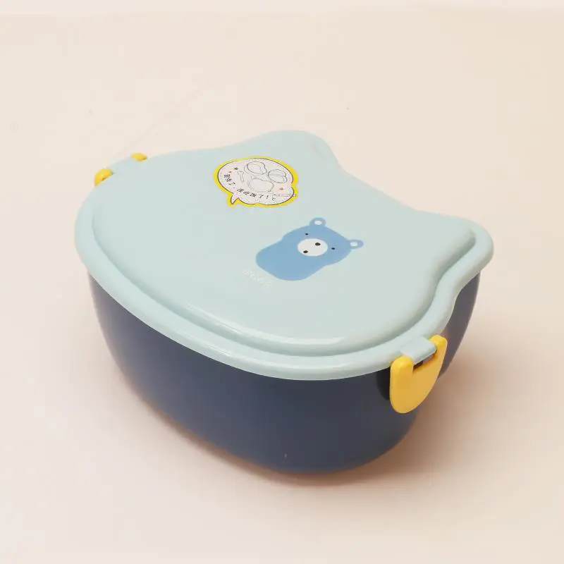 Blue Lunch Box with Cute Bear Pattern, Built-in Spoon
