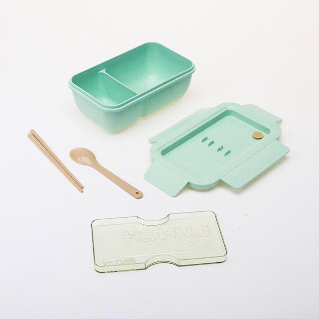 Wheat straw material microwavable bento style lunch box with spoon and chopsticks