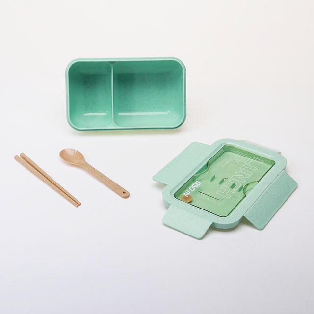 Wheat straw material microwavable bento style lunch box with spoon and chopsticks