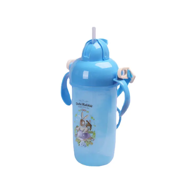 BPA Free 400ml Kids Cartoon Plastic Drinking Water Bottle with 2 Handles and Straw