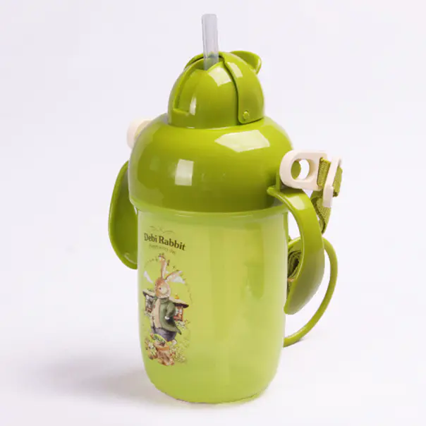 BPA Free 400ml Kids Cartoon Plastic Drinking Water Bottle with 2 Handles and Straw