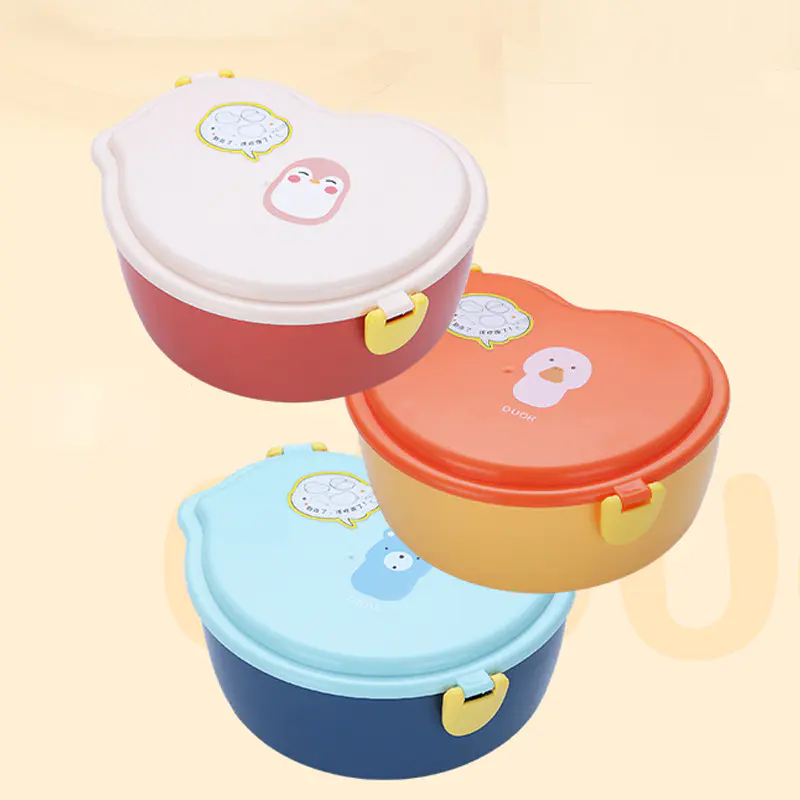 Blue Lunch Box with Cute Bear Pattern, Built-in Spoon
