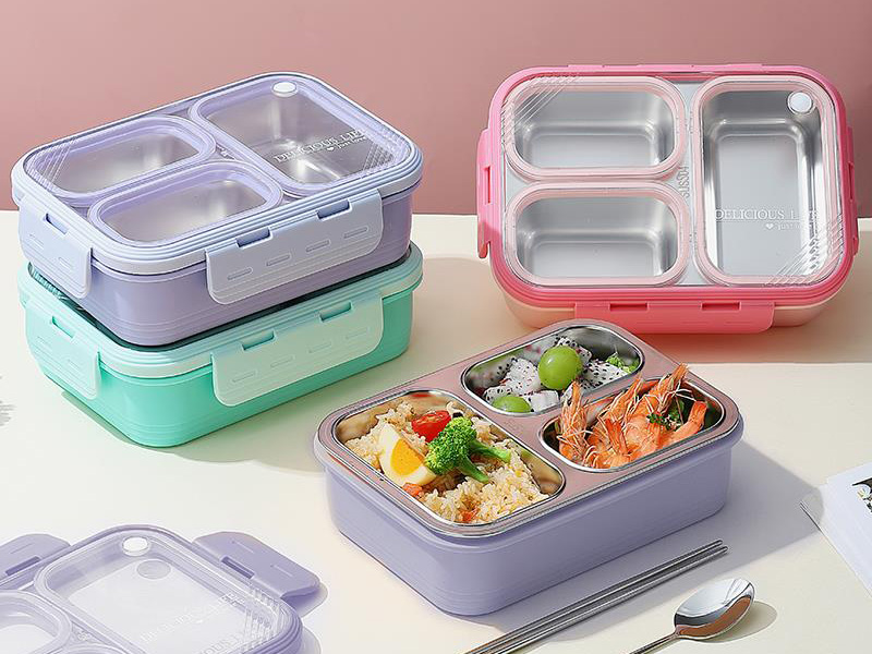 Independent sealed stainless steel lunch box, available in three colors: pink, green, and purple