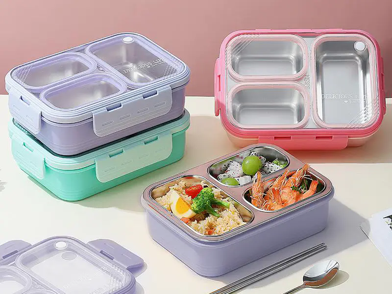 Independent sealed stainless steel lunch box, available in three colors: pink, green, and purple