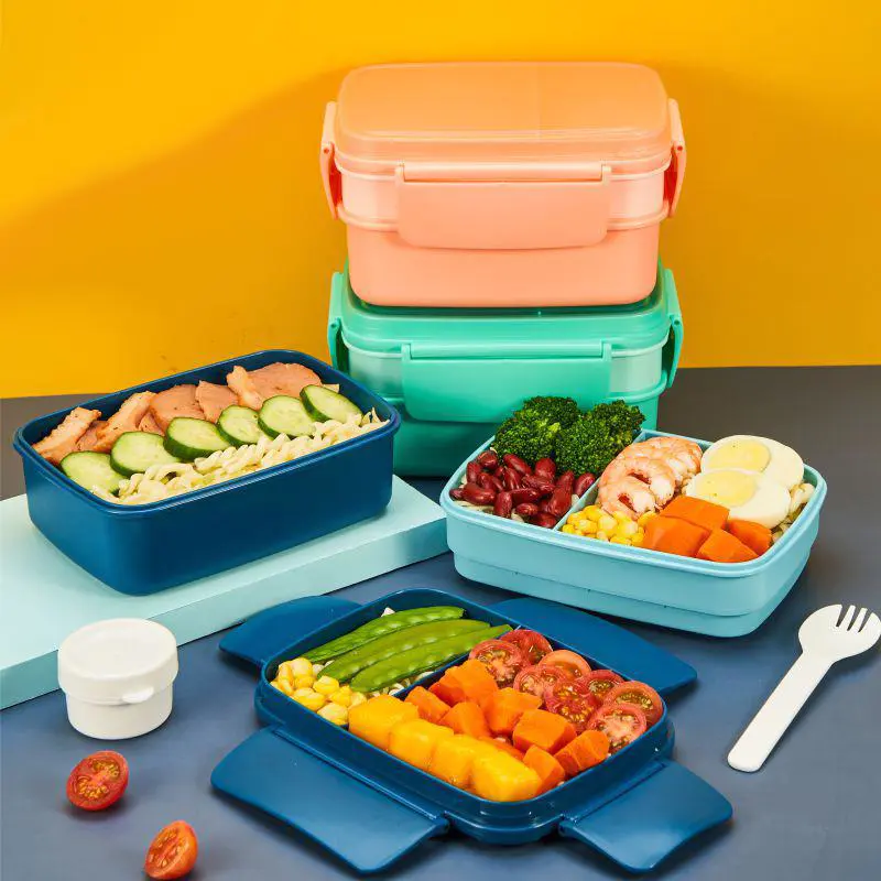 3-layer Solid Color Lunch Box with Spoon and Sauce Box (1.65 liters)