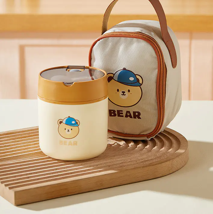 New Stainless Steel Student Soup Cup & Cartoon Bear Pattern Insulation Bag