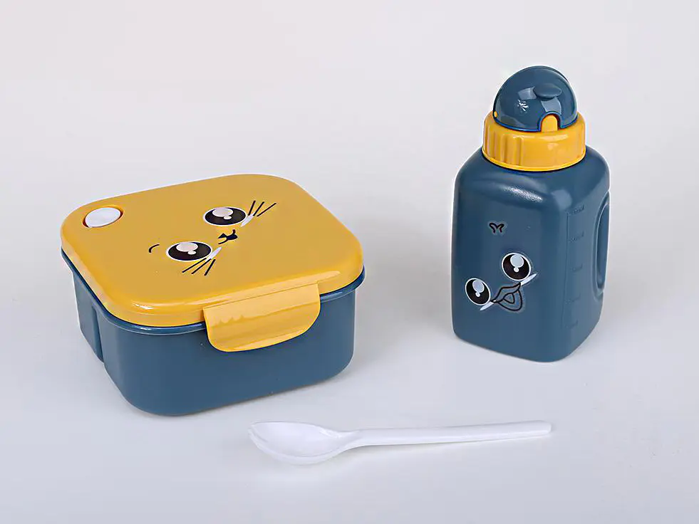 Lunch box and kettle set, cartoon three compartment lunch box
